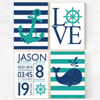 Birth announcement, Nautical boy nursery, birth stats print, nautical baby room, Nautical Nursery Wall Art, Navy Mint Nursery Decor, teal