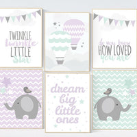 Twinkle Twinkle Little Star, Purple mint nursery decor, lilac nursery, twin nursery decor, set of 6, lilac and mint nursery, mint nursery