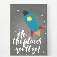 Oh the places you'll go, outer space nursery wall art, gray nursery decor, baby boy, moon print, playroom decor, kids room, space art, grey