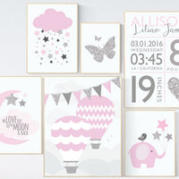 Nursery decor girl elephant, Nursery wall art girl, pink silver nursery, hot air balloon, birth stats, cloud and stars, baby room decor girl