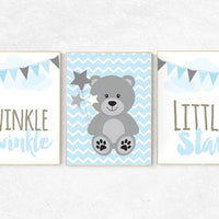 Twinkle Twinkle Little Star, bear nursery art, Baby boy nursery decor, Blue gray nursery, boys room wall art, baby room prints, elephant
