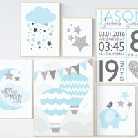 Nursery decor boy, Blue gray nursery, blue silver nursery set, hot air balloon nursery, cloud nursery, to the moon and back. blue and gray