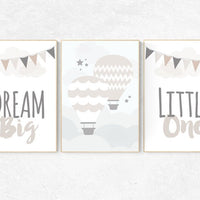 Nursery Decor neutral, Dream Big Little One, gender neutral nursery, nursery wall art hot air balloon, nursery art dream big, gray nursery