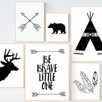 Black and white nursery, Tribal nursery decor, nursery decor woodland, nursery decor adventure, gender neutral, be brave little one, deer