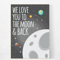 We love you to the moon and back, outer space nursery wall art, gray nursery decor, baby boy, moon print playroom decor kids room space grey