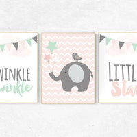 Elephant nursery art, Twinkle Twinkle Little Star, Baby girl nursery decor, coral mint nursery decor, girls room wall art, baby room prints