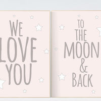 We love you to the moon and back, nursery decor, nursery wall art, pale pink nursery prints, nursery decor girl, baby girl nursery art