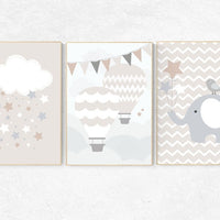 Gender neutral nursery, beige and cream, hot air balloon Nursery, elephant nursery, Nursery Decor, Gray Beige gender neutral baby shower