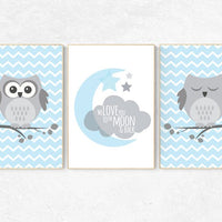 We love you to the moon and back, owl nursery art, Baby boy nursery decor, Blue gray nursery, boys room wall art, baby room prints, set of 3