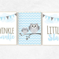 Twinkle Twinkle Little Star, owl nursery art, Baby boy nursery decor, Blue gray nursery, boys room wall art, baby room prints, set of 3, owl