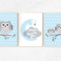 Dream Big Little One, owl nursery art, Baby boy nursery decor, Blue gray nursery, boys room wall art, baby room prints, set of 3, boys room