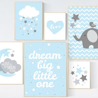 Nursery decor boy, nursery wall art boy elephant, dream big little one, Blue gray nursery, cloud and stars nursery, blue grey, moon and back