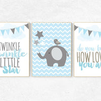 Elephant nursery art, Twinkle Twinkle Little Star, Baby boy nursery decor, Blue gray nursery, boys room wall art, baby room, set of 3