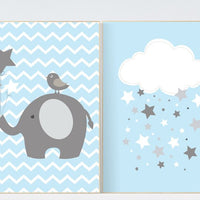 Elephant nursery decor, Baby boy nursery decor, Blue gray nursery, boys room wall art, baby room prints, cloud nursery, boys room decor