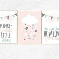 Twinkle Twinkle Little Star, Baby girl nursery decor, coral mint nursery decor, cloud nursery girls room wall art pink nursery coral nursery