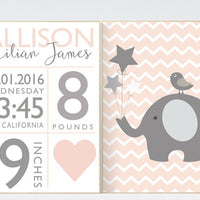 Nursery decor girl blush, Girls nursery decor peach, nursery wall art elephant, blush pink nursery, birth stats nursery decor elephant
