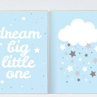 Dream Big Little One, nursery decor, Baby boy nursery decor, blue nursery decor, boys room wall art, nursery prints boy, cloud nursery art