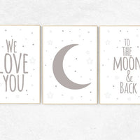 Gray nursery decor, We love you to the moon and back, moon prints, gender neutral baby, grey nursery, nursery wall art neutral, baby room