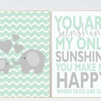 You Are My Sunshine Nursery Art, mint nursery decor, elephant nursery Baby Girl Baby Boy Toddler Room Wall Art Print Playroom Room baby gift