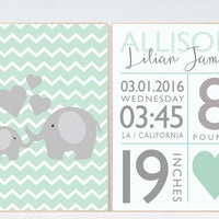 Baby birth stats, mint nursery decor, Baby Girl Baby Boy Toddler Room Wall Art Print, Playroom Room, elephant nursery, baby gift, set of 2