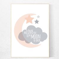 We love you to the moon and back, coral nursery art, blush pink nursery decor, moon nursery, nursery decor girl, pale pink nursery print