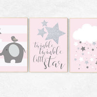 Twinkle twinkle little star nursery, pink gray nursery decor, baby girl nursery decor, hot air balloon nursery art, elephant nursery, silver