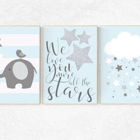 Nursery decor boy elephant, We love you more than all the stars, cloud and star nursery, blue gray nursery, blue and silver, blue and grey