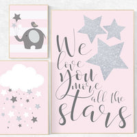 We love you more than all the stars, baby girl nursery wall art, pink gray nursery decor, baby girl, pink silver, elephant nursery baby gift