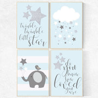 Twinkle twinkle little star nursery, blue gray nursery decor, baby boy nursery decor, elephant nursery, baby room decor elephant nursery art