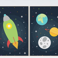 Space nursery decor, outer space, nursery wall art, baby boy nursery decor, set of 2, outer space decor print kids room, green rocket ship