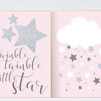 Twinkle twinkle little star nursery, pink gray nursery decor, baby girl nursery decor, pink silver, cloud nursery art, kids room decor