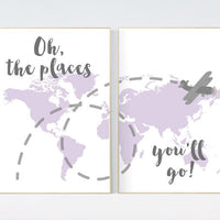World map, purple nursery decor, lilac, lavender, Oh the places you'll go, travel themed nursery, airplane nursery art, world map wall art