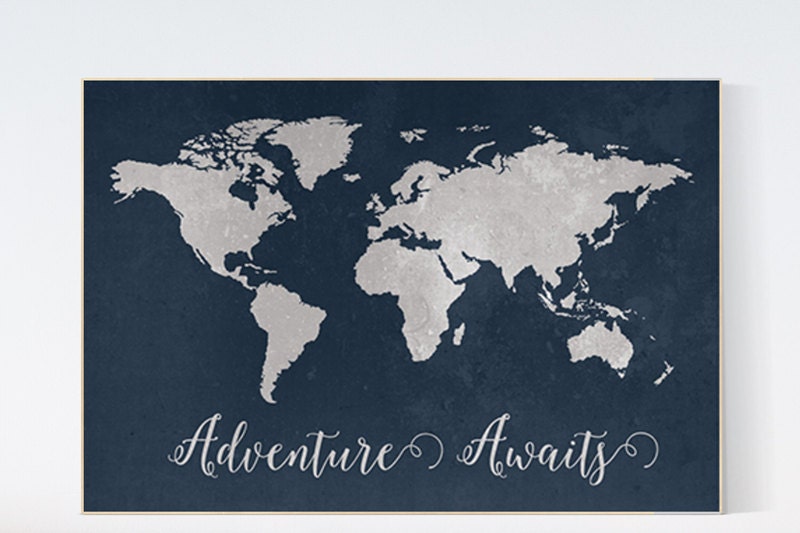 Navy World Map print, Adventure awaits Nursery print, Kid&