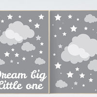 Dream big little one print, nursery print, baby's nursery room decor, kid's room, toddler's room, gray, grey clouds, set of 2 prints, stars