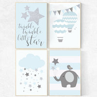 Twinkle twinkle little star nursery, blue gray nursery decor, baby boy nursery decor, hot air balloon nursery art elephant nursery kids room