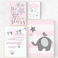 We love you more than all the stars, Baby girl nursery decor, pink gray nursery, pink silver nursery set hot air balloon nursery baby shower