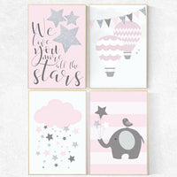 We love you more than all the stars, Baby girl nursery decor, pink gray nursery, pink silver nursery set hot air balloon nursery baby shower