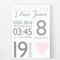 Girl birth announcement nursery decor, pink nursery decor, baby birth print, pink nursery, baby stats, new baby gift ideas Personalized