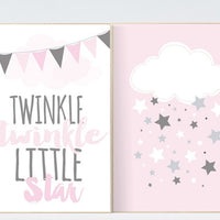 Twinkle Twinkle Little Star, Baby girl nursery decor, pink nursery decor, girls room wall art, baby room prints, pink prints, cloud nursery