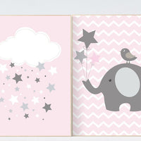 Elephant nursery decor, cloud nursery decor, baby girl nursery decor, pink nursery decor, girls room wall art, nursery prints girl baby gift