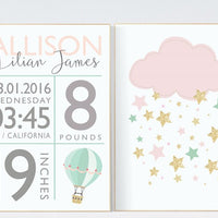 Mint and gold nursery, Birth stats wall art, mint and gold baby shower, mint nursery decor cloud nursery baby birth stats baby name wall art