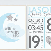 We love you to the moon and back, Baby boy nursery decor, Blue gray nursery, blue silver nursery, Birth stats, new baby gift baby gift ideas