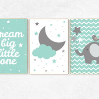 Nursery decor neutral, elephant nursery art, nursery decor boy teal, mint nursery, cloud and star, moon and stars, dream big, mint green