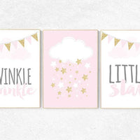 Pink gold nursery, girls room decor, Twinkle twinkle little star, cloud nursery wall art, pink and gold baby shower, baby girl nursery art