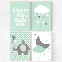 Dream Big little one, Mint nursery decor, set of 4, playroom decor, gender neutral nursery decor, mint green, cloud nursery, mint green