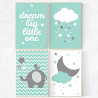 Dream Big Little One, Baby Nursery Art Pint Set, Set of 4 prints, nursery decor, Mint Green Nursery, cloud nursery, mint nursery decor