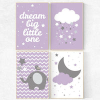 Nursery decor girl purple, nursery wall art girl purple, nursery decor elephant, cloud and stars, elephant nursery, lavender, lilac
