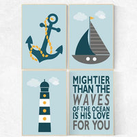 Nursery decor boy nautical, mightier than the waves, nursery wall art boy nautical, navy blue nursery decor, navy yellow nautical, wall art