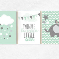 Twinkle Twinkle Little Star, Mint nursery decor, elephant nursery, gender neutral baby, new baby gift, mint gray, baby room, kids room