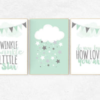 Twinkle Twinkle Little Star, Mint nursery decor, cloud nursery, gender neutral baby, new baby gift, mint gray, kids room, playroom decor
